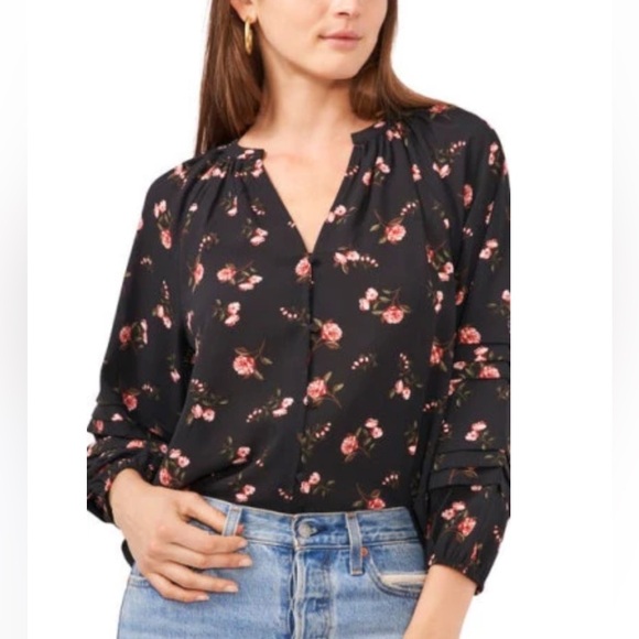 1.STATE Floral Print Pintuck Blouse in Black Blooms at Nordstrom Small NWT - Picture 1 of 7